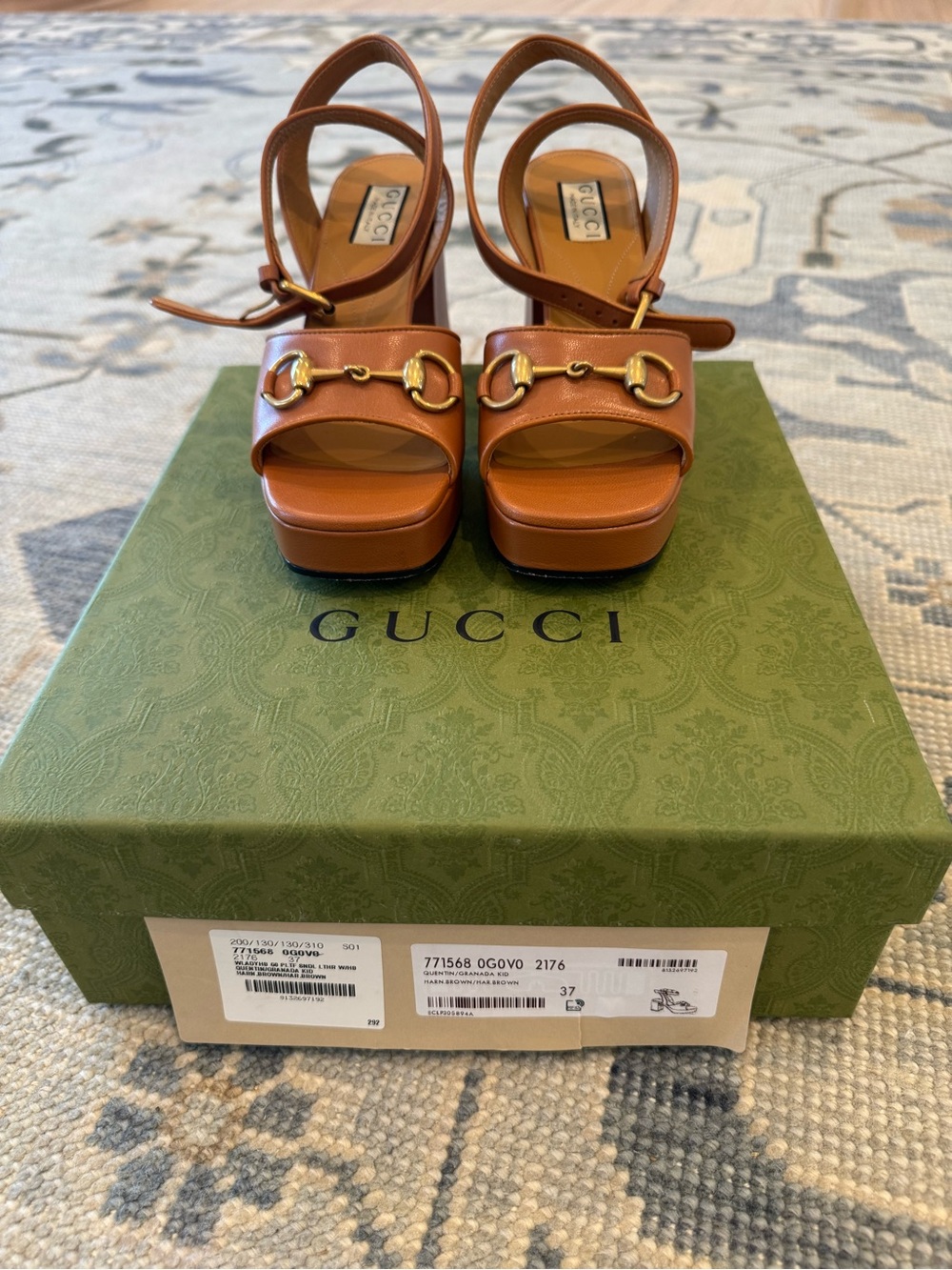 Gucci Tan Leather Platform Sandals with Gold Horsebit